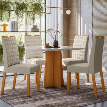 Imagem de Conjunto Mesa De Jantar 90cm Anitta Tampo Em Mdf Com Vidro E 4 Cadeiras Mariah Ypê Off White