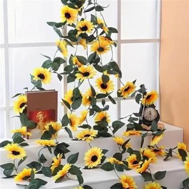 Imagem de 1 guirlanda de girassol artificial, flores artificiais de girassol de seda com folhas verdes, girassóis para casamento, aniversário, festa, festivais, decoração de mesa