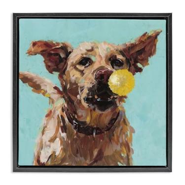 Imagem de Stupell Industries Arte de parede em tela flutuante emoldurada preta com cachorro brincando com bola, design por Studio Bautista, 63 x 63 cm