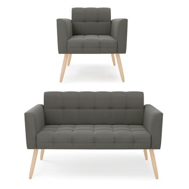 Imagem de Kit 1 Sofá Namoradeira e 1 Poltrona Elisa Suede Grafite Pés Palito Natural D03 - D'Rossi