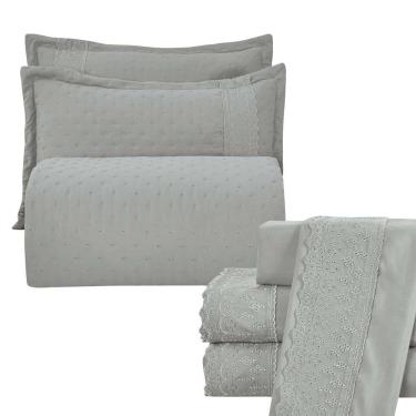 Imagem de Kit Cobre Leito King + Jogo De Lençol Micropercal 300 Fios Com Bordado Inglês Santorini 7 Peças - Cinza