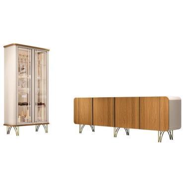 Imagem de Sala De Jantar Com Cristaleira évora E Balcão Buffet Saluti Off White-cinamomo - Hb Móveis Off White-cinamomo