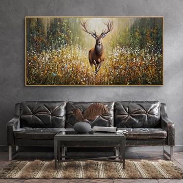 Imagem de XLSJERST Pôster de decoração de parede country 102 x 50 cm - imagem de alce caça arte em tela marrom veado arte de parede para sala de estar decoração de banheiro de hóspedes