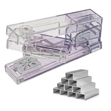 Imagem de Grampeador compacto de mesa de escritório giratório de 360° com 400 grampos padrão de 2,5 cm, grampeador transparente de braço oscilante pequeno para capacidade de 25 folhas, livreto, documento