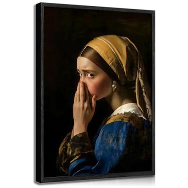 Imagem de Funny Stink Banheiro Parede Arte Humor Menina com um Brinco de Pérola Beliscando o Nariz Mau Cheiro Vaso Sanitário Pintura Imagem Decoração de Parede Impressão em Tela Arte para Lavatório Banheiro