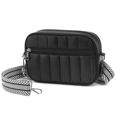 Imagem de BBORGDC Bolsa tiracolo acolchoada para mulheres, bolsa de ombro acolchoada RFID, bolsa de telefone preta pequena com alça larga, design original Boho para viagens e viagens diárias