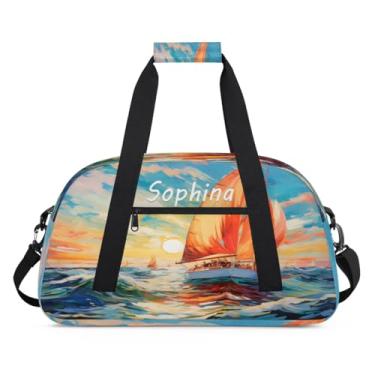 Imagem de Bolsa esportiva personalizada veleiro sol mar com nome bolsa personalizada para dormir bolsa de fim de semana, bolsa de treino para dança, balé, academia, ginástica, mala, viagem, presente