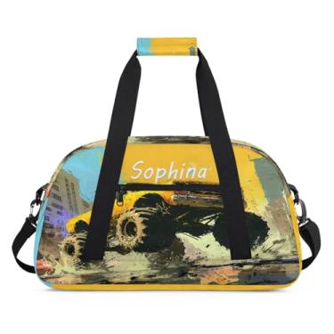 Imagem de Bolsa esportiva personalizada, caminhão de desenho animado colorido com nome, bolsa de dormir personalizada, bolsa de fim de semana, bolsa de treino para dança, balé, academia, ginástica, mala, viagem