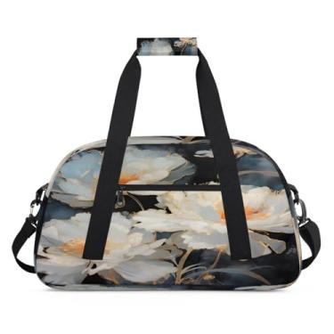 Imagem de Bolsa esportiva branca, retrô, tamanho grande, impermeável, durável, dobrável, para festa do pijama, bolsa de fim de semana, bolsa de treino para dança, balé, academia, ginástica, mala de viagem