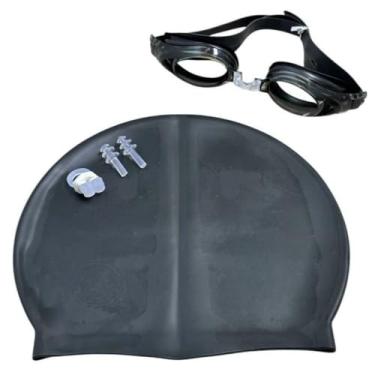 Imagem de Touca de Silicone，Kit De Natacao com Touca Silicone E Oculos Para jovens E Adultos(Preto(touca)+Preto(óculos))