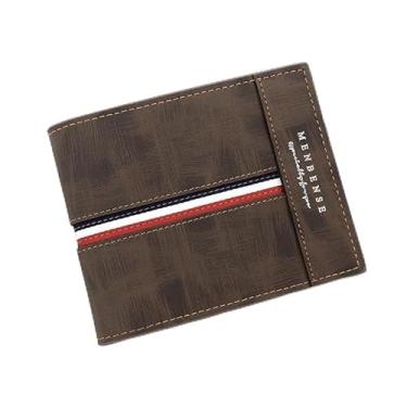 Imagem de Carteira masculina moderna, dobrável, macia e curta, para guardar 6 cartões, 1 cartão de identidade e 2 bolsos com zíper, padrão de listras intermediárias, carteira compacta de poliuretano retrô, Café