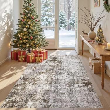 Imagem de DMOYEST Tapetes para sala de estar – 15,8 x 23,8 cm lavável abstrato grande macio tapete neutro moderno de pilha baixa para quarto, sala de jantar, casa de fazenda, escritório em casa - marrom escuro