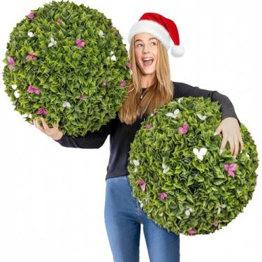 Imagem de 365 Curb Appeal Bolas de topiária buganvílias GG de 58 cm + pacote de flores brancas e rosa (2 bolas de topiaria artificial (4 metades))