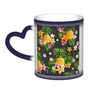 Imagem de Xícara de café havaiana divertida de abacaxi tropical, copo de cerâmica que muda de cor sensível ao calor 12 Oz, para café/chá/leite/cacau, para adolescente/aniversário/festival/presentes