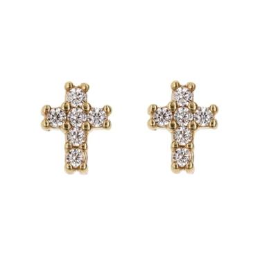 Imagem de MILOR Brincos femininos com cruz de ouro 9K com zircônia cúbica – Joias de ouro italiano hipoalergênicas – Feito na Itália – Brincos pequenos elegantes – Presente para nascimento, batismo, comunhão ou