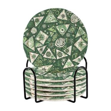 Imagem de Qilmy Conjunto de 6 peças de porta-copos de flores verdes giratórias ou porta-copos de bar para bebidas, porta-copos de fazenda ou porta-copos de mesa rústicos, porta-copos modernos de algodão para o