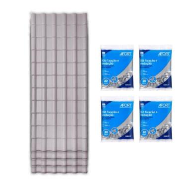Imagem de Kit 10 Telha Afort Pvc Plan 2.42X88 Cinza + 4 kit Fixação