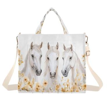 Imagem de Burbuja Sacola feminina com flores de cavalos brancos, bolsa tiracolo de veludo cotelê para compras, trabalho, viagem, P, B35, Small
