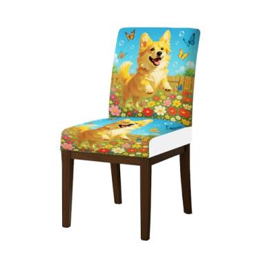 Imagem de HOMETITUTE Capas de cadeira de alta elasticidade para cadeiras de jantar, laváveis, conjunto de 4 capas de assento de cozinha macias Corgi borboleta bolha padrão de flores para casa, hotel
