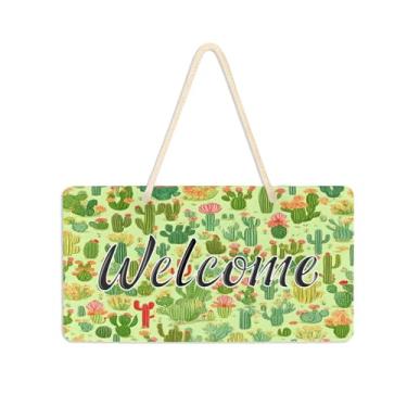 Imagem de Burbuja Placa de boas-vindas Cacti Succulents para porta da frente, placa de boas-vindas de PVC para pendurar na parede varanda casa de fazenda, decoração de feriados, 15 x 28 cm