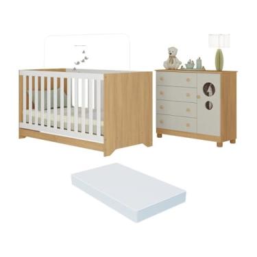 Imagem de Berço Americano 3 em 1 com Colchão Incluso e Cômoda 1 Porta 4 Gavetas Bombom Multimóveis Mp4716 Madeirado/off White