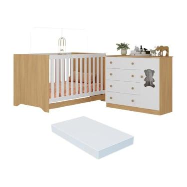 Imagem de Berço Americano 3 em 1 com Colchão Incluso e Cômoda 1 Porta 4 Gavetas Teddy Multimóveis Mp4731 Madeirado/branco