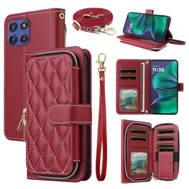 Imagem de Dswteny Argyle Capa carteira para Motorola Moto G Stylus 5G 2025 com alça de ombro, zíper couro PU flip acessórios para cartão de crédito suporte celular capa para celular G5 mulheres meninas vermelha