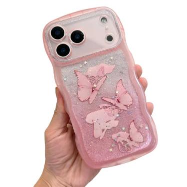 Imagem de HOGGU Capa compatível com iPhone 17 Pro Max, linda ondulada [proteção total da câmera] capa de telefone borboleta brilhante com cartolina de glitter faça você mesmo, capa de telefone transparente de
