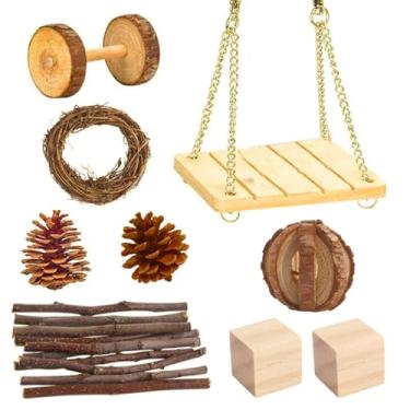 Imagem de Conjuntos de Brinquedos para Roer Hamster 9pcs Atividade Animais Pequenos com Balanço Brinquedo Cuidado Dentes e Molação Coelho Porcos Guinea Log Esfregar Reduzir Tédio Estresse Manter Ativo Exercício