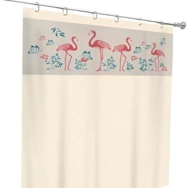 Imagem de Cortina de banho impermeavel com flamingo, viseira, gancho, bege, estampada
