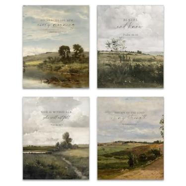 Imagem de ZNGFON Conjunto de 4 arte de parede com versículo bíblico vintage, presentes cristãos para mulheres, impressões de escrituras cristãs Landsacape Gallery Wall Faith Decor Arte religiosa para escritório