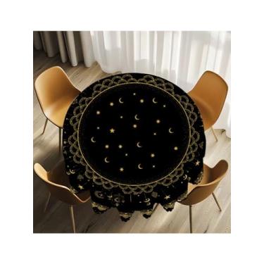Imagem de Toalha de mesa de renda preta e dourada para Ramadã – Capa de mesa redonda elegante com design de estrela e lua crescente, decoração de mesa de jantar clássica para uso diário