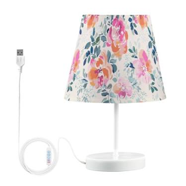 Imagem de Joisal Abajur de mesa regulável com estampa de flores em aquarela rosa suave, luminária de cozinha com abajur noturno para quarto
