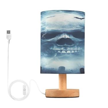 Imagem de Joisal Luminária de mesa com cara de caveira fantasmagórica flutuando no céu, luminária de mesa com abajur de linho pequena lâmpada de sala de estar, decoração de mesa de cabeceira