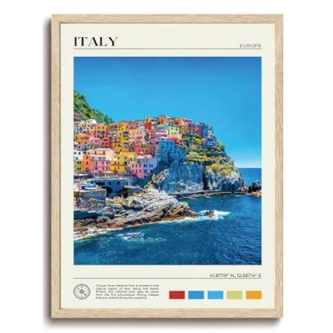 Imagem de KISSFOX Arte de parede emoldurada em madeira de carvalho Itália decoração de parede arte em tela costeira imagens de paisagens pinturas da cidade pôsteres de viagem arte estética para quarto