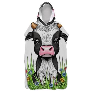 Imagem de Roupão para adultos poncho de surfe toalha de banho com capuz de secagem rápida homens mulheres poncho com capuz branco preto bonito vaca highland