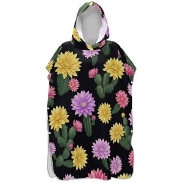 Imagem de Joisal Poncho de surf para adultos trocador com capuz toalha de natação bonito plus size cactos preto homens mulheres poncho com capuz