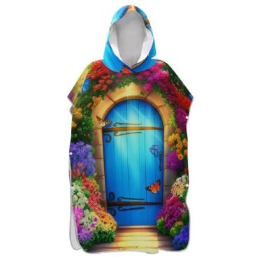 Imagem de TSENQUE Trocador de roupas para adultos, poncho de surfe, toalhas de banho de praia, com capuz, ponchos de praia absorventes para homens, flores coloridas azuis de conto de fadas