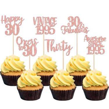 Imagem de Rsstarxi Pacote com 24 topos de cupcake de feliz aniversário de 30 anos com glitter trinta e 30 fabulosos picaretas de cupcake vintage 1995 para torcer até 30 anos, decoração de bolo de festa de