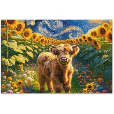 Imagem de Girassóis Highland Gado Bezerro Adulto Quebra-cabeças 1000 Peças Presentes Elefante Branco Engraçado Paisagem Quebra-cabeças Arte Pintura Animal, 75 x 40 centímetros
