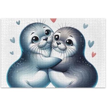 Imagem de Quebra-cabeça para adultos com foca animal fofo 1000 peças arte de flores de animais arte quebra-cabeça família presentes para amantes, 75 x 40 cm