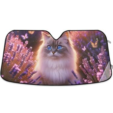 Imagem de Guarda-sol personalizado Ragdoll gato lavanda flores carro para-brisa engraçado dobrável caminhão carro persianas para janelas dianteiras automotivo M, 139.7 cm x 70.1 cm