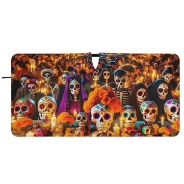 Imagem de Guarda-sol personalizado mexicano Dia De Muertos Impressão Carro Para-brisa Engraçado Dobrável Caminhão Automotivo Para-brisas Guarda-sol, 81 cm x 157 cm