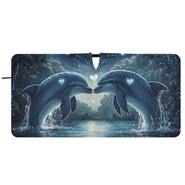 Imagem de Guarda-sol de carro personalizado azul oceano golfinhos coração para para-brisa acessórios de carro dobráveis persianas para-brisa frontal, 76 cm x 149 cm
