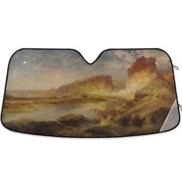 Imagem de Guarda-sol Green River Wyoming Thomas Moran para para-brisa de carro protetor solar retrátil engraçado personalizado para para-brisa dianteiro de carro impressões de animais L, 144,8 cm x 80 cm