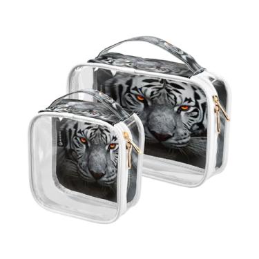 Imagem de GAIGEO Bolsa de cosméticos à prova d'água de Natal com estrelas e árvores, bolsas de maquiagem para viagens, bolsas de maquiagem para mulheres, pacote com 2, Tigre branco e preto - 3, one size