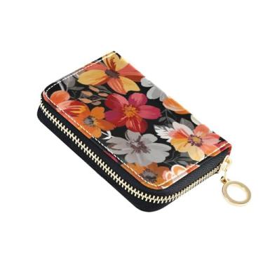 Imagem de Carteira feminina floral vermelha cinza carteira de couro para cartão de crédito bloqueio RFID bolsa de moedas designer com zíper