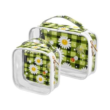 Imagem de GAIGEO Conjunto de 2 sacos de higiene pessoal transparentes, tabuleiro de xadrez verde com margaridas brancas, conjunto de bolsas transparentes para viagem, Tabuleiro de xadrez verde com margaridas
