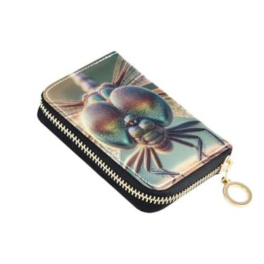 Imagem de Carteira feminina colorida de couro, 9 compartimentos para cartão de crédito e 2 compartimentos para dinheiro, Dragonfly Evil Big Eyes Carteira com zíper e bolso para moedas