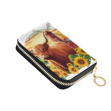 Imagem de Carteira feminina com 9 compartimentos para cartão de crédito e 2 compartimentos para dinheiro, pequena carteira de viagem de couro com zíper com chaveiro, linda vaca highland girassol
